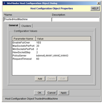 SiteMinder Host Configuration Object Dialog: Host Configuration Object Properties