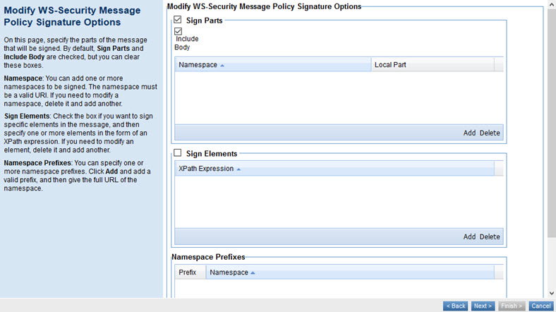WS-Security Message Policy, Signature Options page