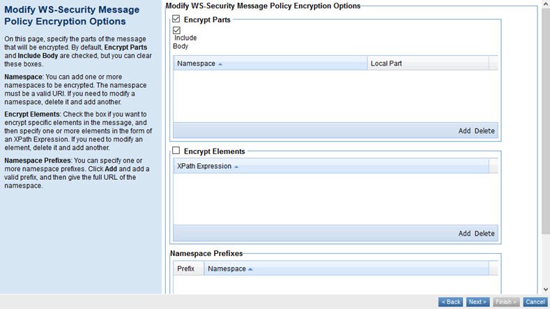WS-Security Message Policy, Encryption Options page