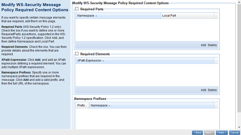 WS-Security Message Policy, Required Content Options page