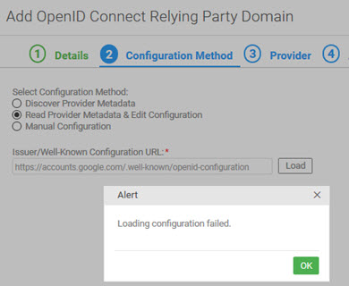 OpenID Connect Relying Party domain: error in loading configuration file