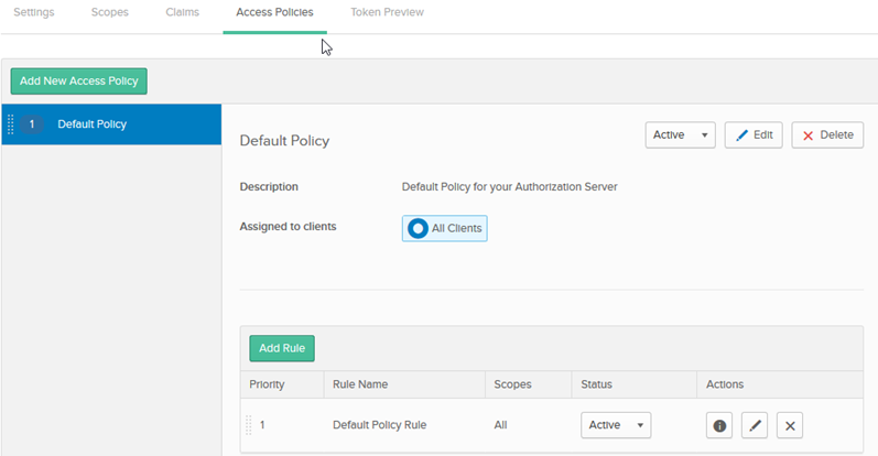 In the Okta Authorization Server, checking the policies