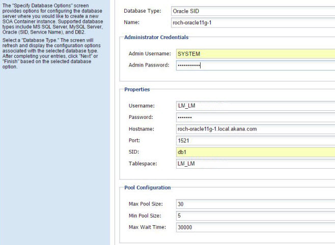 Specify Database Options wizard
