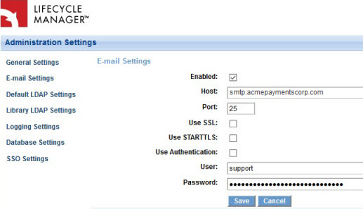 Lifecycle Manager: Email Settings