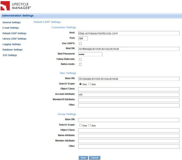 Lifecycle Manager: Default LDAP Settings