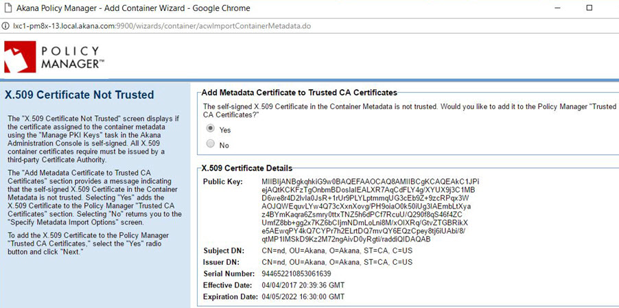 Add Container wizard, X.509 Certificate Not Trusted