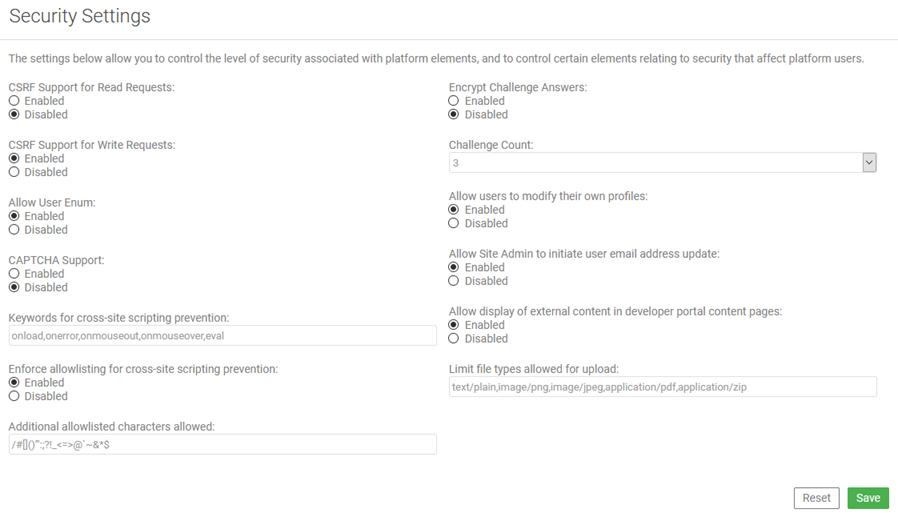 Community Manager developer portal Security Settings page