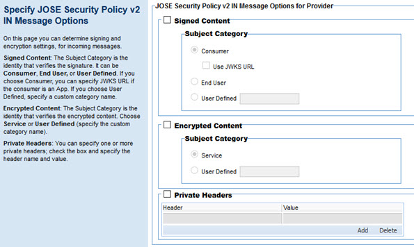 JOSE Security Policy v2 (Unencoded Payload Support): IN options (Provider role)