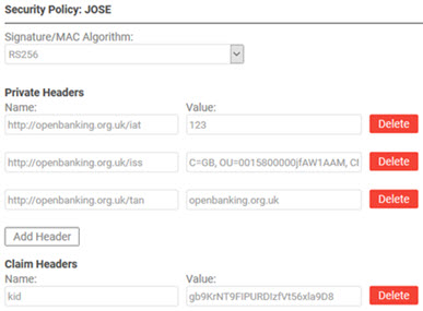 Test Client security settings for Jose Security Policy v2: sample values