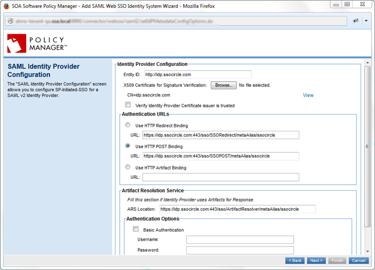 Policy Manager: SAML Identity Provider Configuration page for SSO Circle