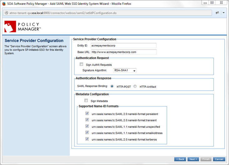 Policy Manager: SAML Service Provider Configuration page for SSO Circle