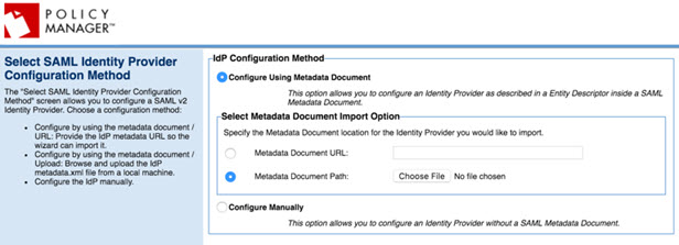 Policy Manager, SAML setup -- select configuration method