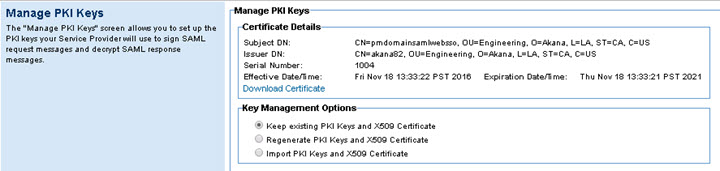 Policy Manager, SAML setup -- Manage PKI Keys, Certificate Details