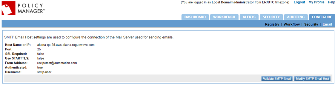 Setting up an SMTP server via automation -- viewing the results in Policy Manager.