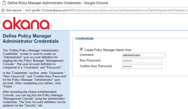 Define Policy Manager Administrator Credentials wizard