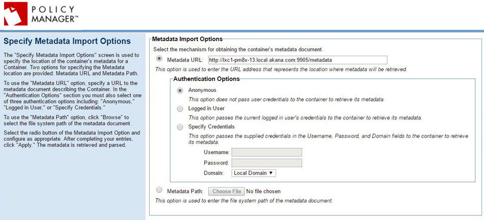 Add Container wizard, Specify Metadata Import Options